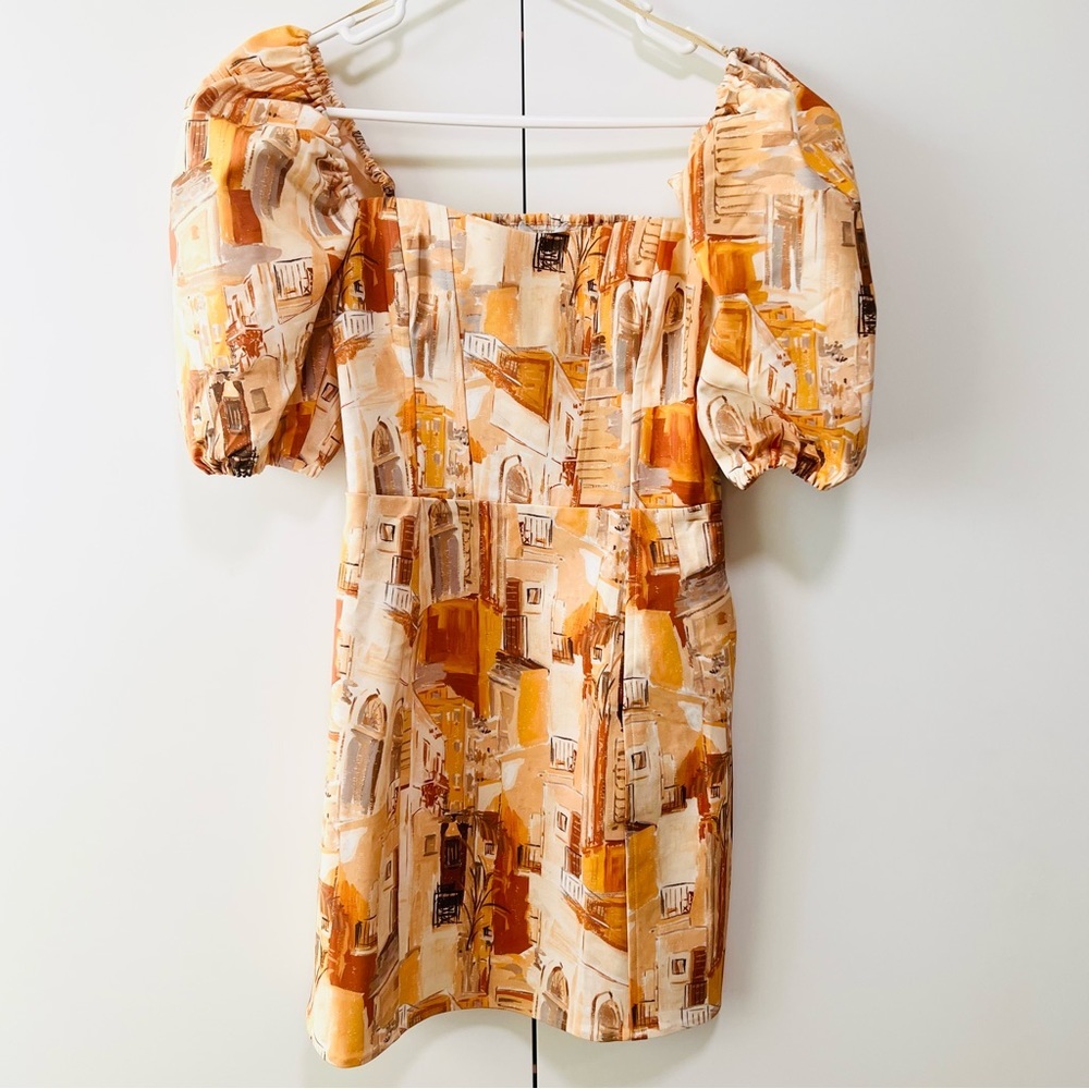 & Other Stories Mini dress with puff sleeves and print in orange - 2 - NWT